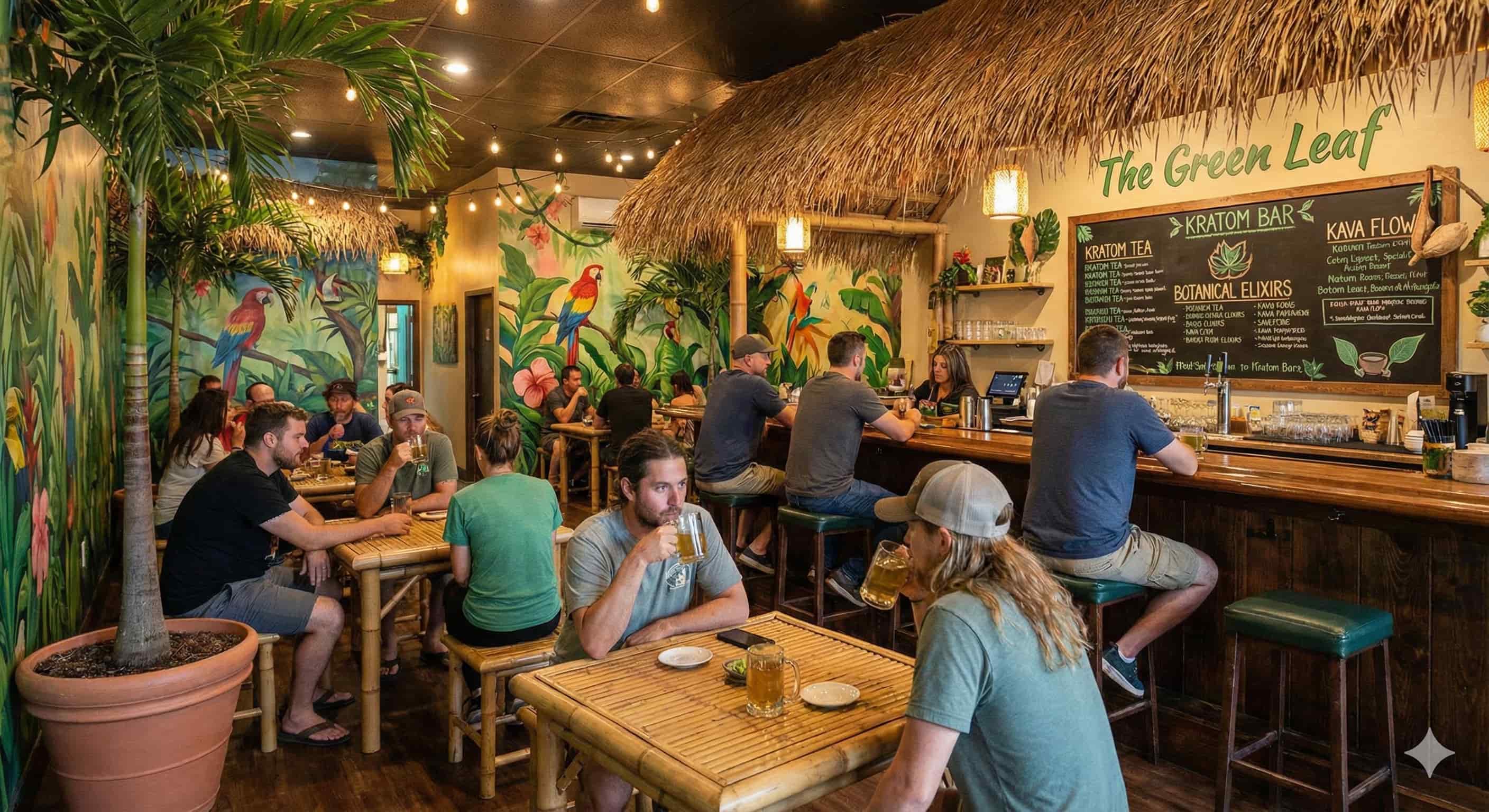 Kratom kava bar interior with tropical island theme showing lounge seating and bar area